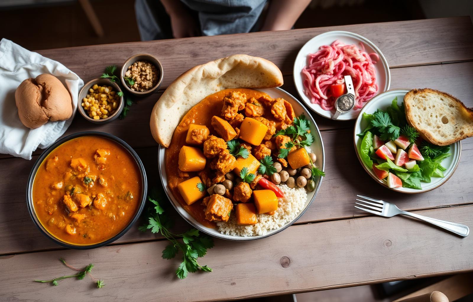 A spread of home-cooked dishes on a wooden table